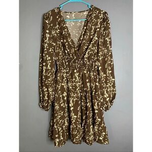 Hapsho Brown Floral Elastic Sleeve Dress Size Medium NWOT
